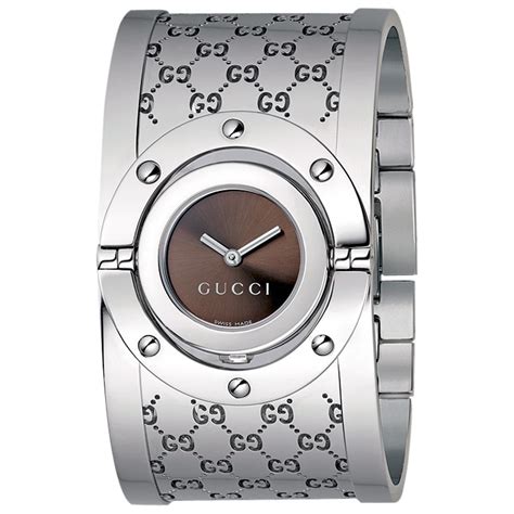 gucci ladies stainless steel bangle watch with round brown face|gucci interchangeable bezel bangle watch.